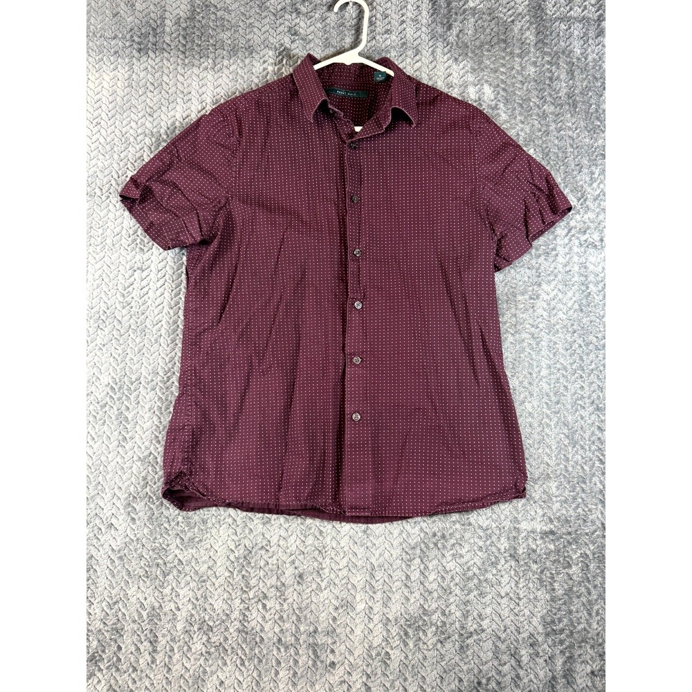 Perry Ellis Shirt Men Medium Burgundy Polka Dot Cotton Slim Fit Casual Button Up